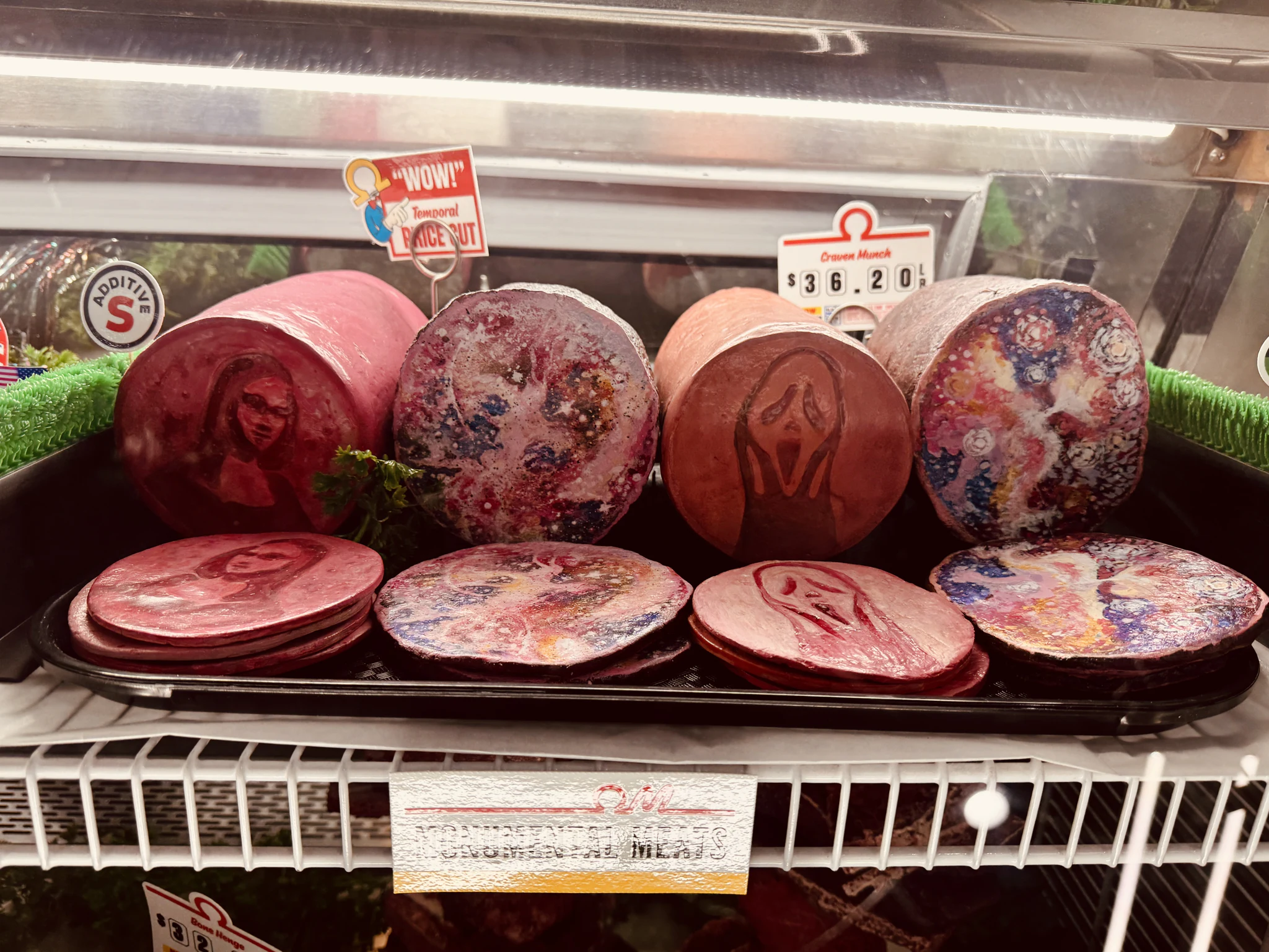 A deli tray of sliced luncheon meat in Omega Mart, each slice patterned with a face.